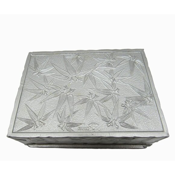 METAL Trinket Box BAMBOO And Floral Designs Hinged Lid Japan Vintage 5 Inches - Picture 7 of 11